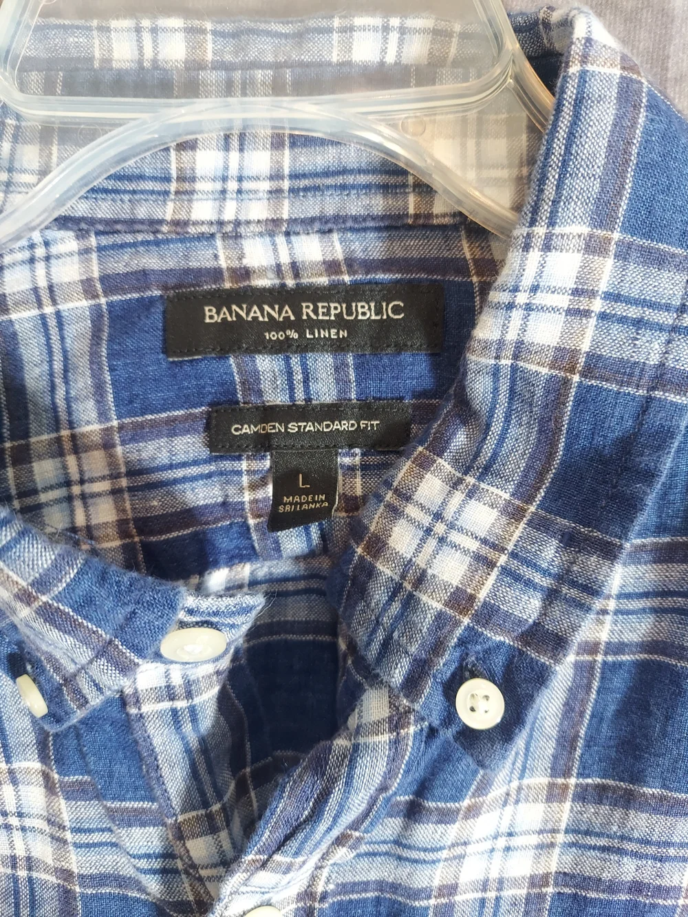 Banana Republic Linen Plaid Shirt Men L Camden Standard Fit Blue White Plaid LS